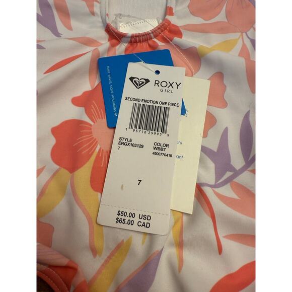 Roxy Girl Second Emotion One-Piece Swimsuit Sz 7 White Multi Floral Swimwear NWT - Picture 5 of 6